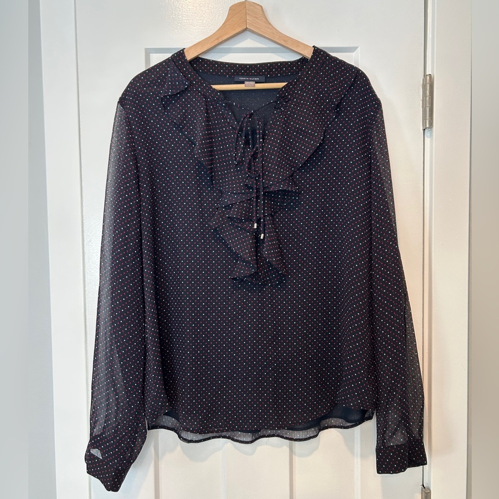 Tommy Hilfiger Black Blouse with Red and White Dots